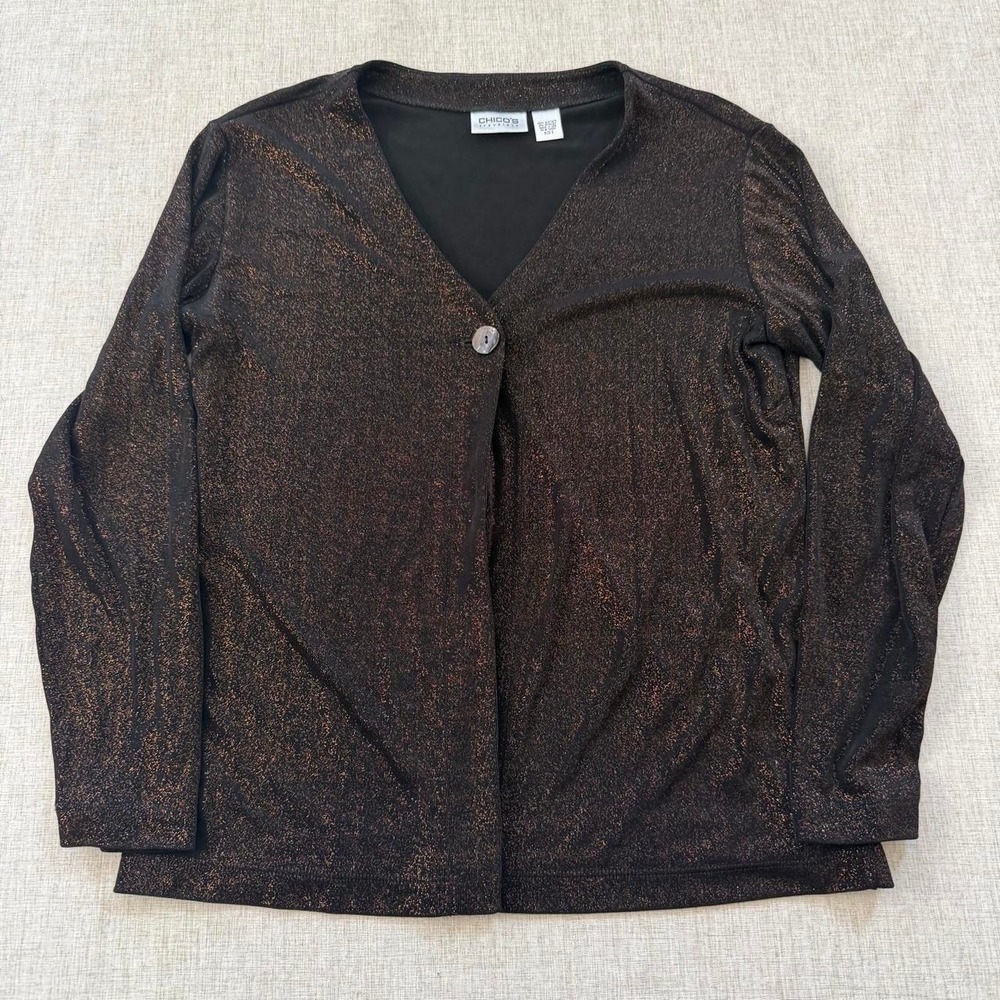 Chicos Travelers Cardigan size Large 2 Black Orange Sparkle Whimsigoth Halloween